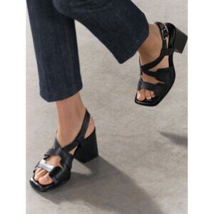 NWT ZARA Black Leather Block Heel Strappy Heeled Sandals Size 38 8